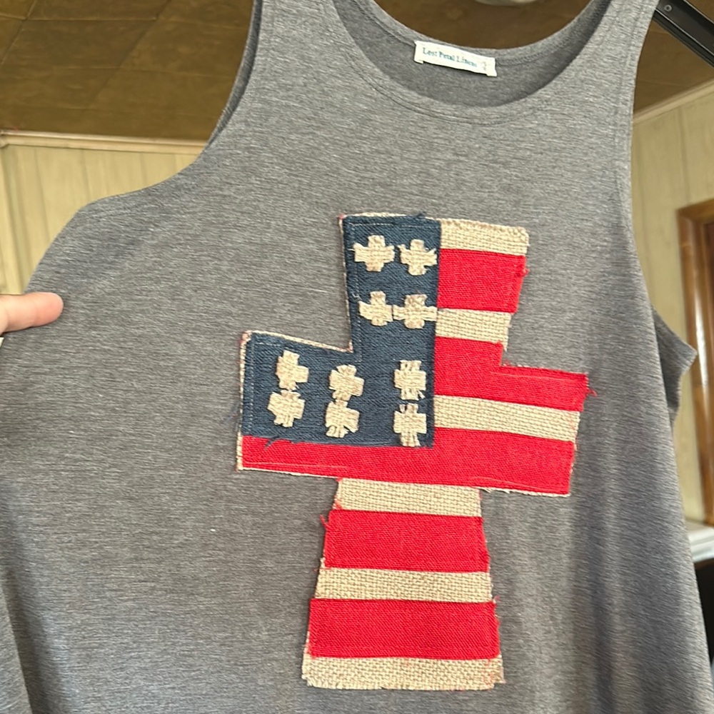 Lost petal linens Gray Tank Top with American Flag Patch